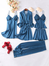 Conjunto de pijama de seda satinada con cinturón de encaje de 5 piezas