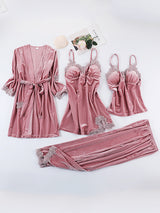 4pcs Lace Stitching Velvet Pajama Set