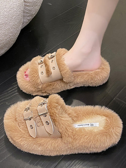 Double Buckle Furry Slippers