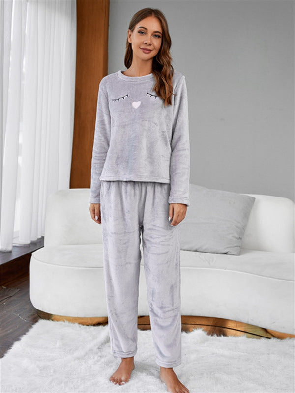 Cute Embroidery Flannel Pajama Set