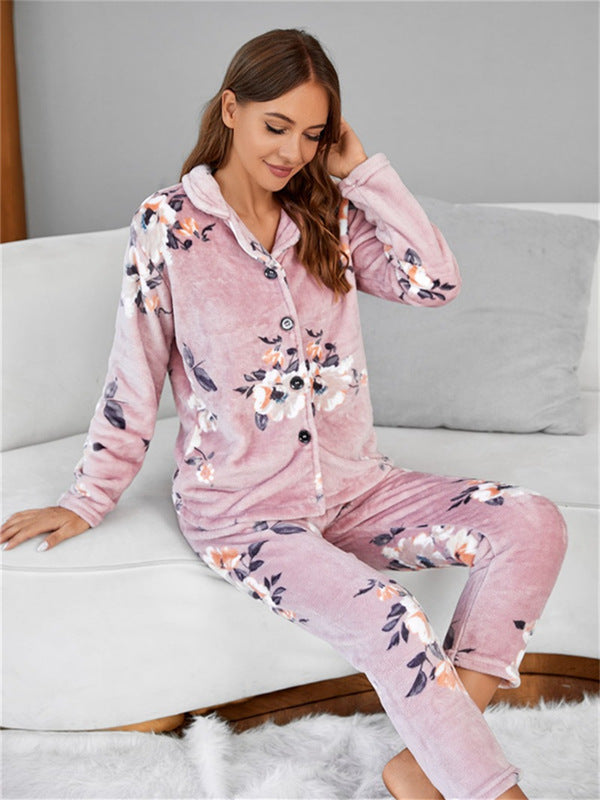 Floral Print Flannel Pajama Set