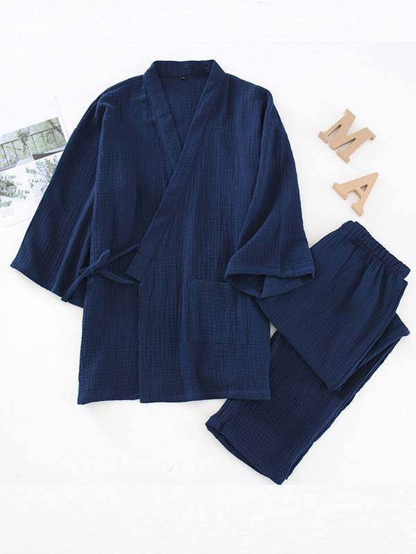 Belted Robe Pants Cotton Pajamas - Kafiloe