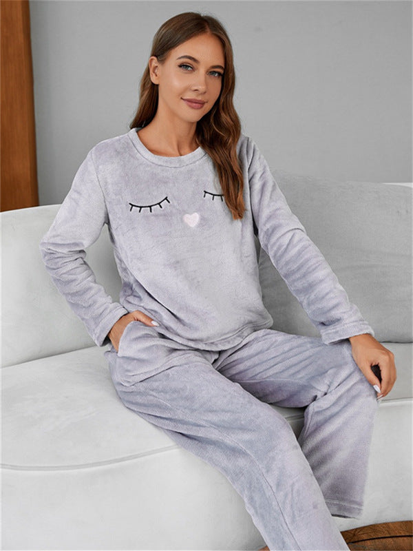 Cute Embroidery Flannel Pajama Set