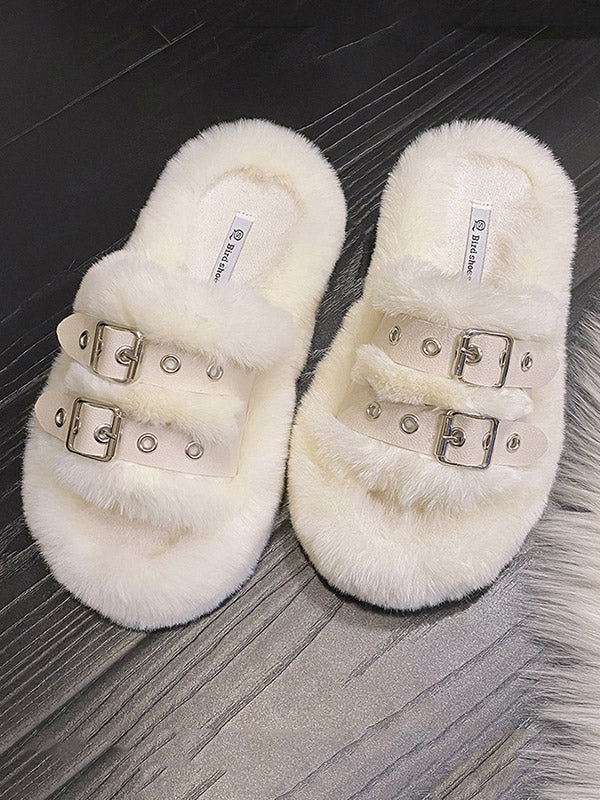 Double Buckle Furry Slippers