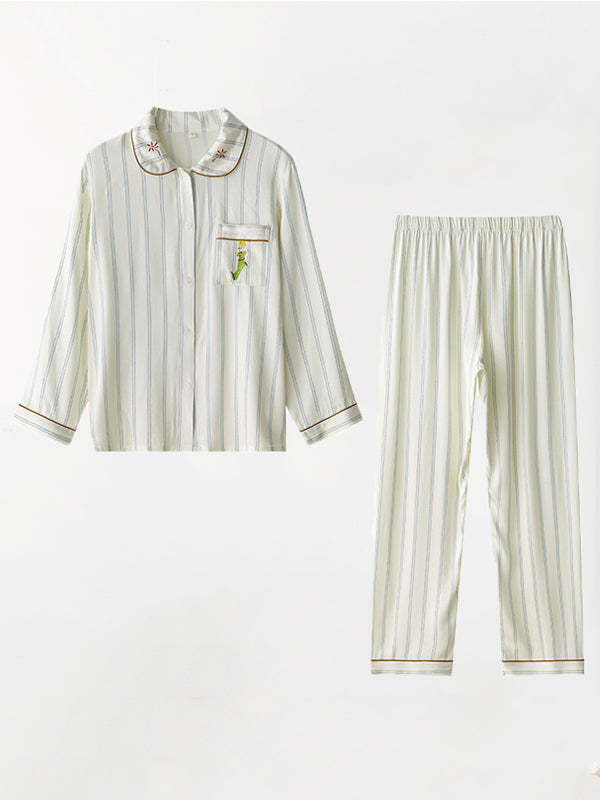 Stripe Print Embroidery Pajama Set