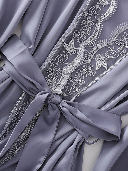 5pcs Lace Belted Satin Silk Pajama Set