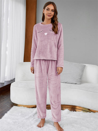 Cute Embroidery Flannel Pajama Set
