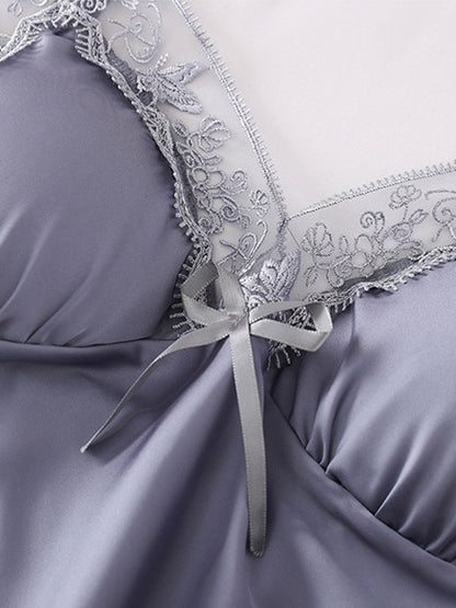 5pcs Lace Belted Satin Silk Pajama Set