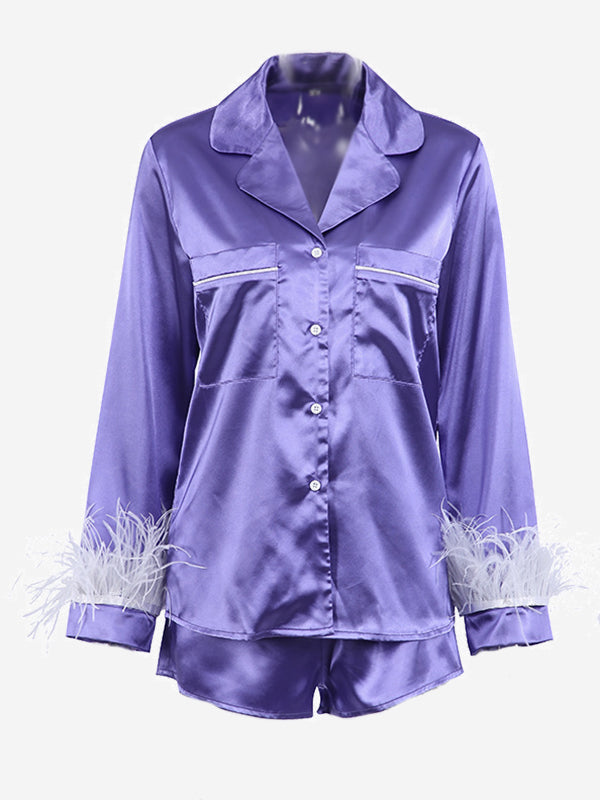 2Pcs Long Sleeve Silk Satin Button Collar Pajamas