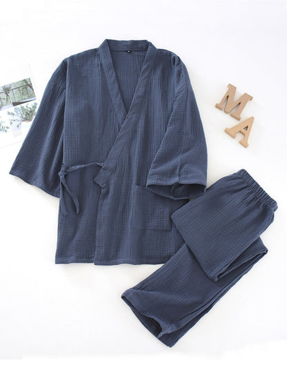 Belted Robe Pants Cotton Pajamas - Kafiloe