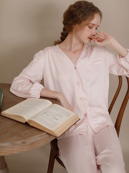 Solid Color Puff Sleeve Pajama Set