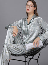 Satin Pocket Print Shirt Pajamas Set