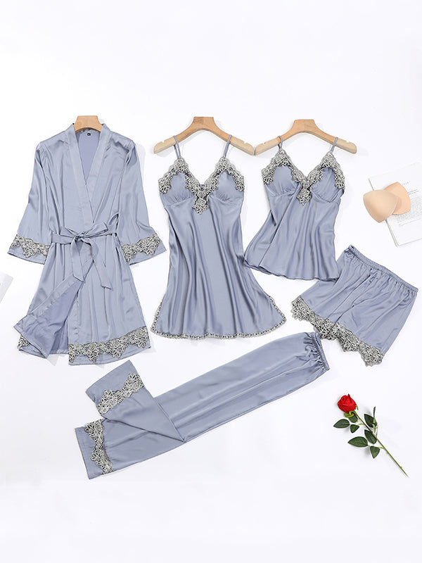 5pcs Lace Satin Pajama Set