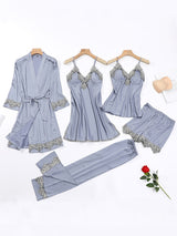Conjunto de pijama de satén de seda de encaje de 5 piezas