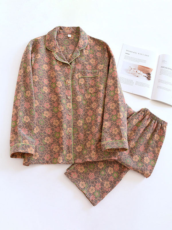 2Pcs Crepe Vintage Floral Pajamas