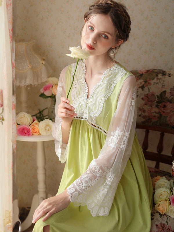 Lace Long Sleeve Patchwork Mesh Nightgown