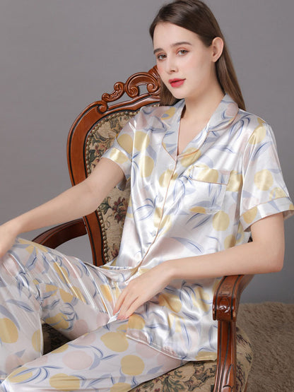 Summer Satin Print Shirt Pajamas Set