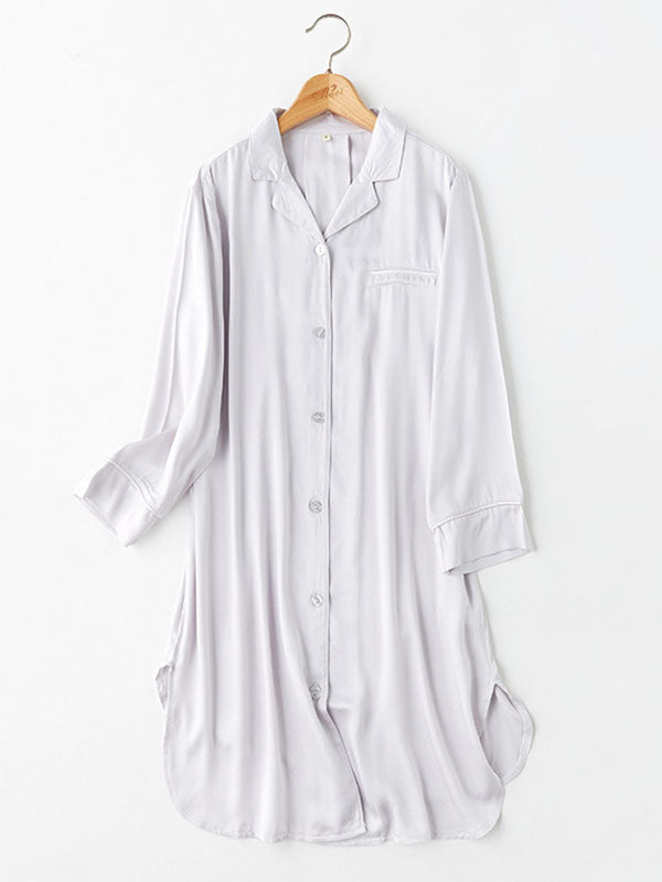 Cotton Shirt Split Solid Mini Nigthdress