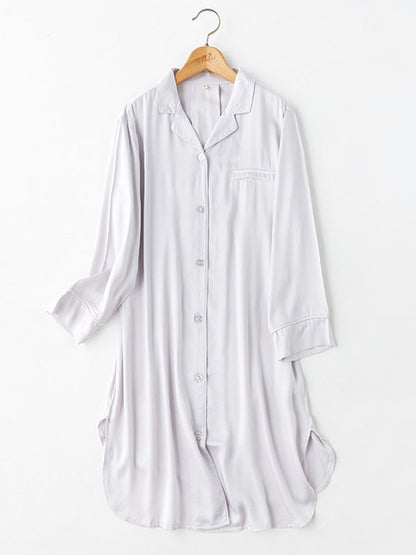 Cotton Shirt Split Solid Mini Nigthdress