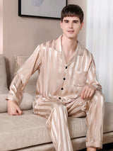 Conjunto de pijama de camisa de rayas de seda para hombre