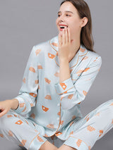 Satin Pocket Print Shirt Pajamas Set