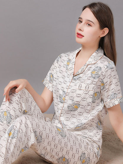 Summer Satin Print Shirt Pajamas Set