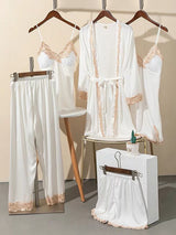Conjunto de pijama de satén de seda con costuras de encaje de 5 piezas