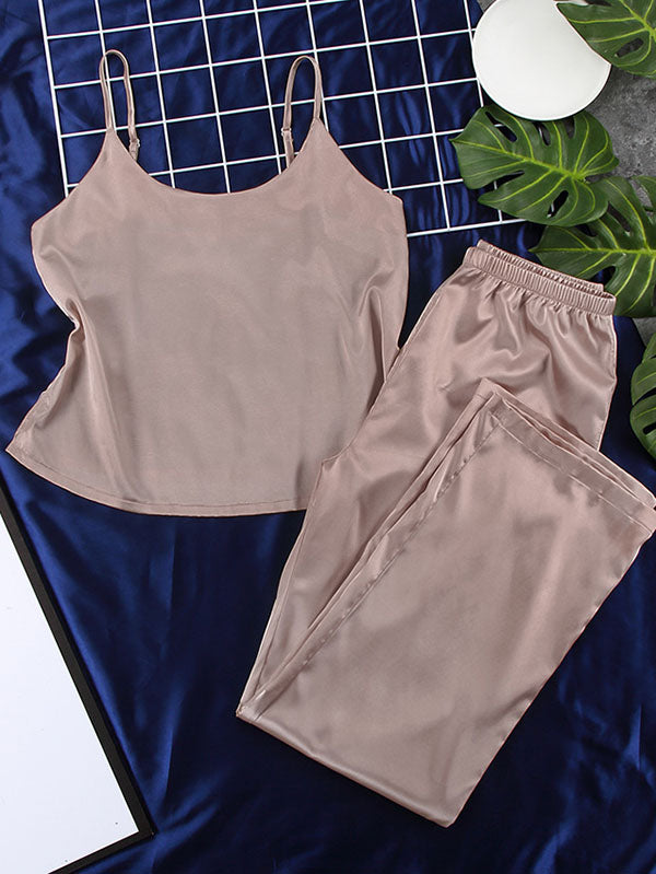2Pcs Crop Top Silk Satin Lace Long Pants Loungewear