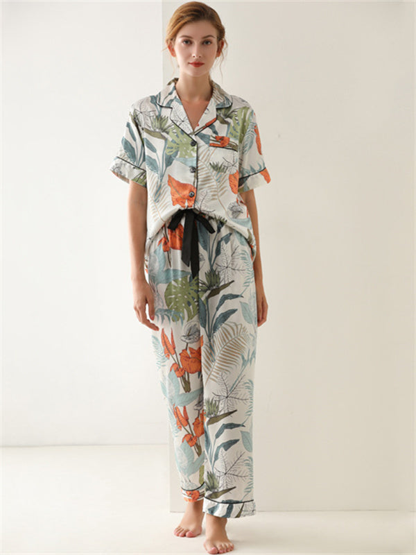 Leaf Print Silk Satin Pajama Set - Kafiloe