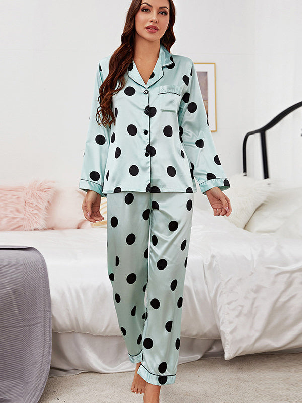 Dot Print Casual Silk Satin Pajama Set