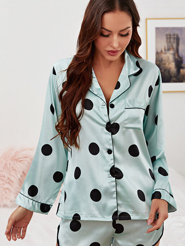 Dot Print Casual Silk Satin Pajama Set