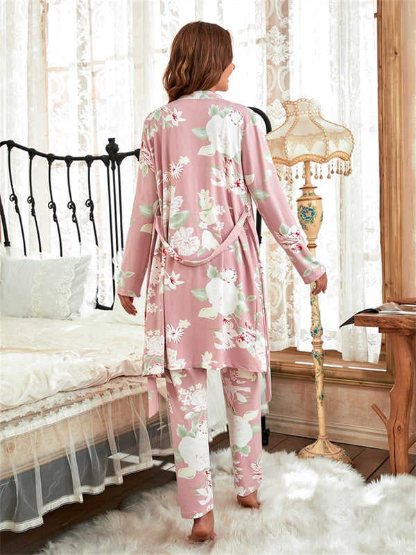 3pcs Floral Print Belted Pants Robe Set - Kafiloe