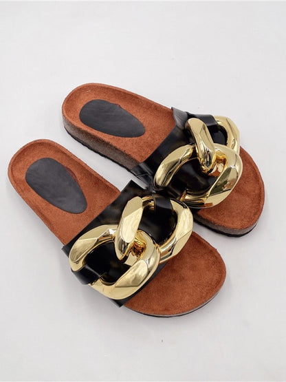 Gold Chain Flat Heel Slippers - Kafiloe